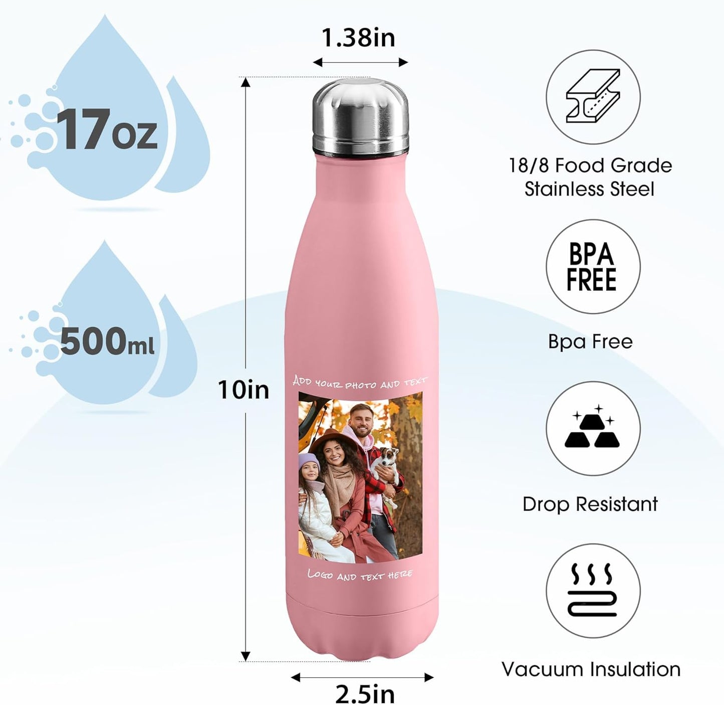 25 Pack USA Custom Water Bottle, 17oz Personalized Sport Water Tumbler, Stainless Steel Material, Leak-Proof, insulation, Customizabne Name, Suitable for Travel Holiday Gift for Women