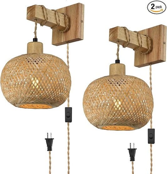 Bamboo Plug in Wall Sconces Set of Two, Hand Woven Boho Wall Lamp Plug in Cord Wall Sconces for Bedroom Living Room Farmhouse - Bloomnest