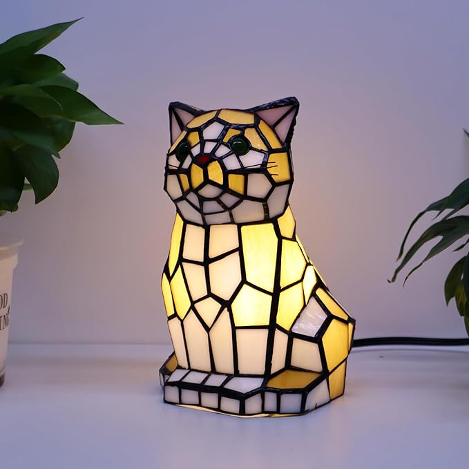 Tiffany Cat Lamp Yellow and White Stained Glass Animal Table Lamp Accent Lamp - Bloomnest