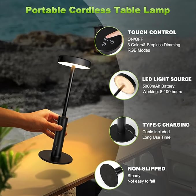 Small Cordless Table Lamps Rechargeable,5000mAh Battery Operated Portable Desk Lamp,3 Colors & RGB Stepless Dimmable Wireless Touch Lamps for Restaurant Home Dinner Dining Patio(Black) - Bloomnest