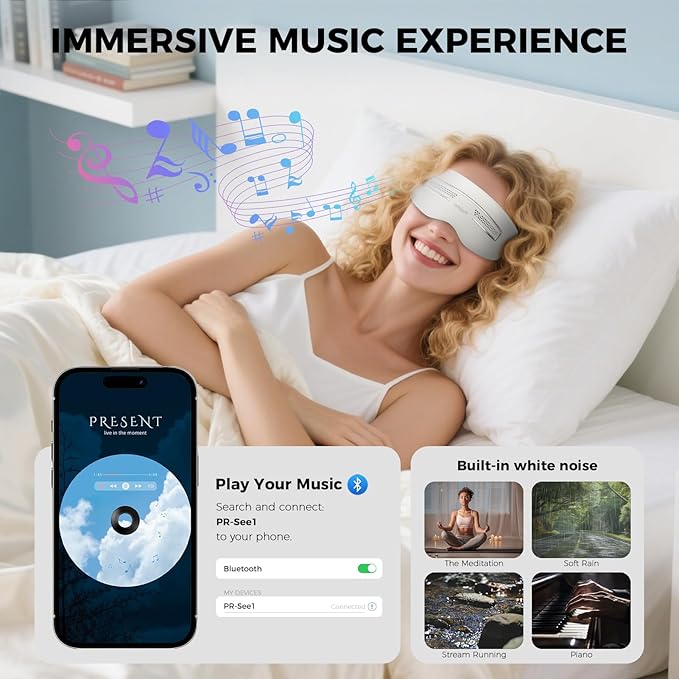 Eye Massager with Heat and Cooling, 12 Vibrators, 4 Massage Modes, 3 Temp Settings, Rechargeable Bluetooth Music, Gifts for Women/Men,Smart Sleep Mask for Relax, Reduce Strain - Bloomnest