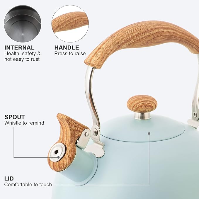 Whistling Stainless Steel Diamond Pattern Tea Kettle with Wood Grain Anti Heat Handle, Stainless Steel Cover Wood Grain Nylon Cover Top Tea Pot (Green) - Bloomnest
