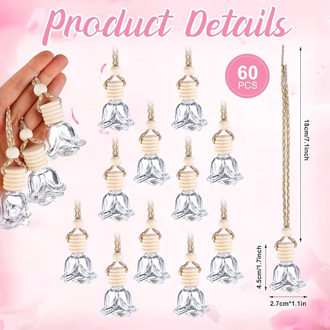 60 Pcs Hanging Car Air Freshener Car Diffuser Bottles Empty Glass Perfume Bottles Air Freshener Diffuser Bottle Pendant for Essential Oils Fragrance Aromatherapy Ornament Decor (Rose Style) - Bloomnest