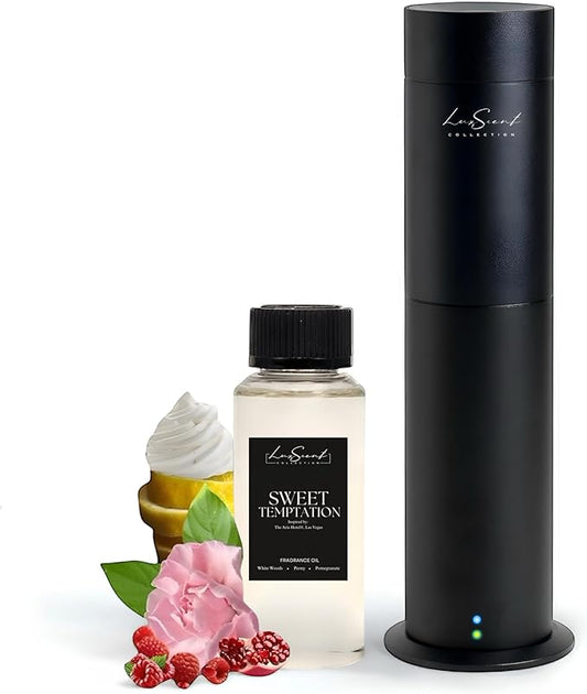 Aroma Scent Diffuser Starter Kit for Up to 1000SQ. FT. Coverage - 120ML Waterless Essential Oil Scent Included - Luxury Aroma Diffuser Ideal for Home, Office & Hotel (Black, Sweet Temptation) - Bloomnest
