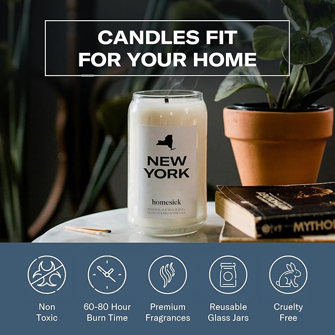Homesick Scented Candles for Home (New York) - 13.75 oz Long-Lasting Soy Wax Jar Candle for Women & Men for All Occasions, 60-80 Hours Burn Time - Notes of Nutmeg, Cinnamon & Clove - Bloomnest