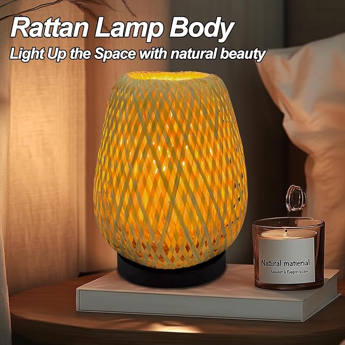 Boho Woven Nightstand Table Lamp - Rattan 3 Color Temperature Handmade Rattan Bamboo Lamp for Bedroom, Living Room - Bloomnest