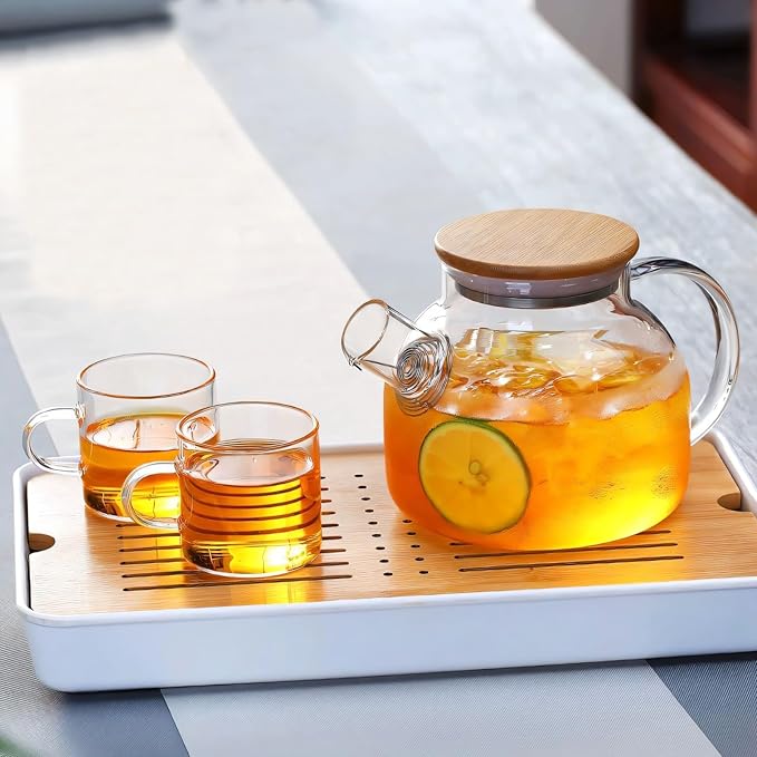 Glass Teapot Set of 5 with Bamboo Lid, 4 Teacups, 18.6OZ. Thick Durable Borosilicate Glass for Cold Brewing, Hot Tea - Bloomnest