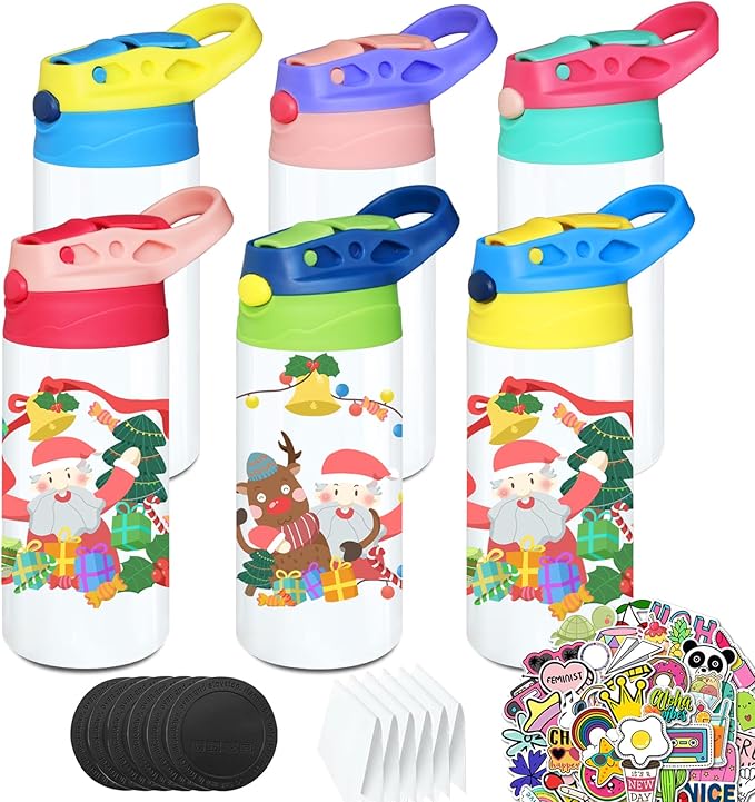 6 PACK Kids Sublimation Tumblers, 12oz Blank Sippy Cups, Stainless Steel Sublimation Water Bottle Blanks for DIY Heat Press Print Crafting Gift (6pack) - Bloomnest