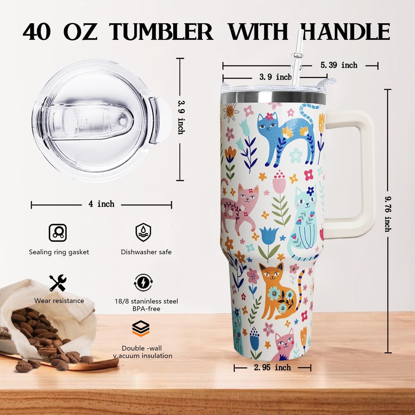 Ceovfoi 40 Oz Cat Tumbler With Handle, Coffee Travel Mug Cup Water Bottle, Cat Decor, Gifts for Women
