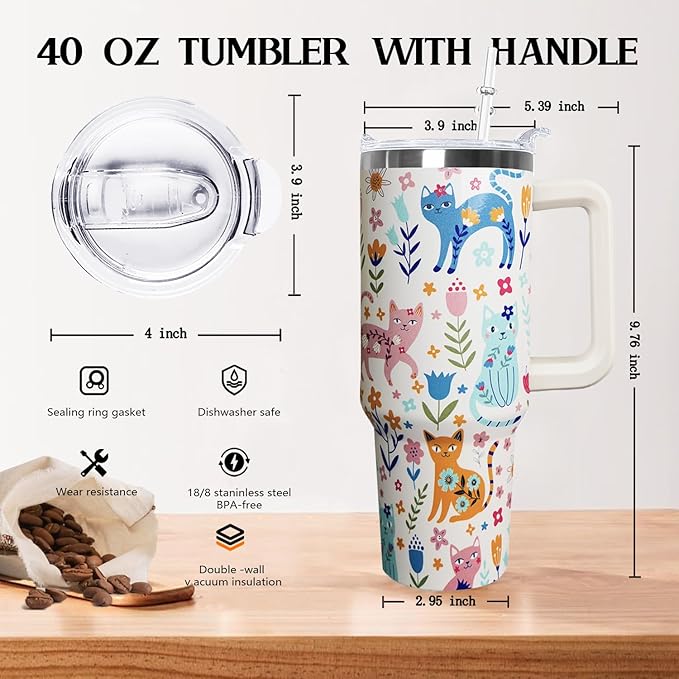Ceovfoi 40 Oz Cat Tumbler With Handle, Coffee Travel Mug Cup Water Bottle, Cat Decor, Gifts for Women - Bloomnest
