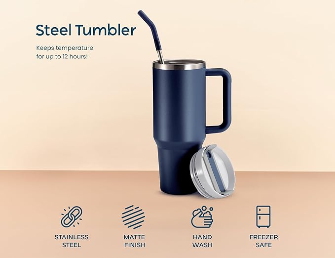 KooK Tumbler with Straw and Handle, 40 Oz, Stainless Steel, Vacuum Insulated Travel Coffee Mug, Reusable Double Walled Water Bottle, Keeps Hot or Cold (Storm Blue) - Bloomnest