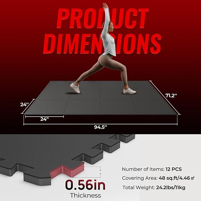 SUPERJARE 0.56'' Thick 12 Pcs 48 Sq Ft Rubber Top Exercise Equipment Mats, High Density EVA Foam Mats with Rubber Top, Interlocking Gym Flooring for Home Gym, Protective Workout Mat, Black - Bloomnest