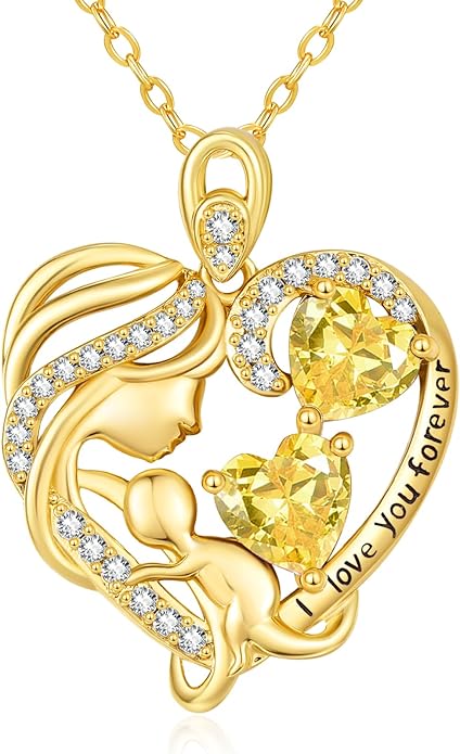 14K Gold Double Birthstone Heart Necklace for Women Mom, Mother Son/Daughter Pendant Necklace for Christmas Mother's Day Birthday Gifts for Wife Daughter Grandmom - Bloomnest
