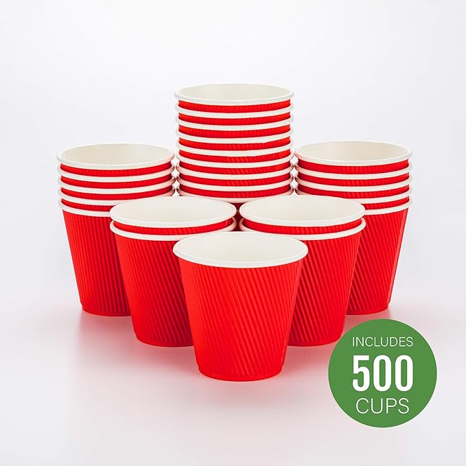 Restaurantware 8 Ounce Double Wall Disposable Coffee Cups, 500 Insulated Red Paper Tumblers with Ripple Wall Design, Lids Sold Separately for Hot Drinks like Tea, Hot Chocolate, and More - Bloomnest
