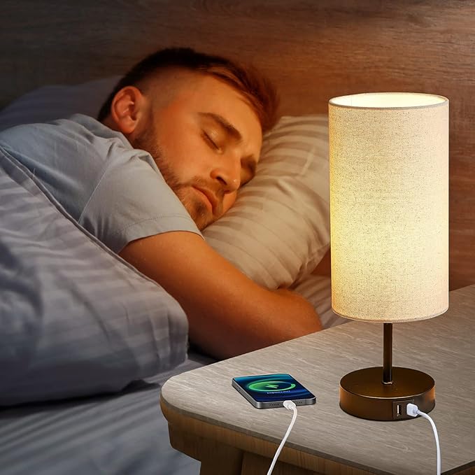 Touch Control Bedside Lamp with 2 USB Ports, 3-Way Dimmable Table lamp for Bedroom, Nightstand Lamp with Round Linen Fabric Shade for Living Room Home Office (E26 LED Bulb Included) - Bloomnest