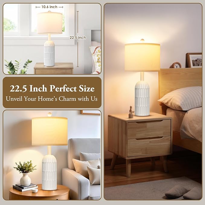 22.5" White Modern Table Lamps Set of 2 for Living Room Bedroom, Farmhouse Vintage Bedside Table Lamps with White Linen Shade, Rustic Bedroom Table Lamp for Nightstand Home Office End Table Dorm - Bloomnest