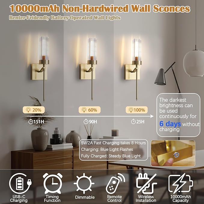 Battery Operated Wall Sconces Set of Two with Remote, Gold Rechargeable Wireless Wall Lights, Sconces Wall Decor Set of 2 Dimmable 2700K Battery Powered Sconce for Bathroom Living Room Hallway - Bloomnest