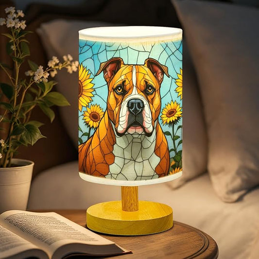 Staffordshire Bull Terrier Table Lamp LED 3-Color Pressed Bedside, Dog Shade Lamp with Wood Base for Bedroom Living Room Desk Office - Bloomnest