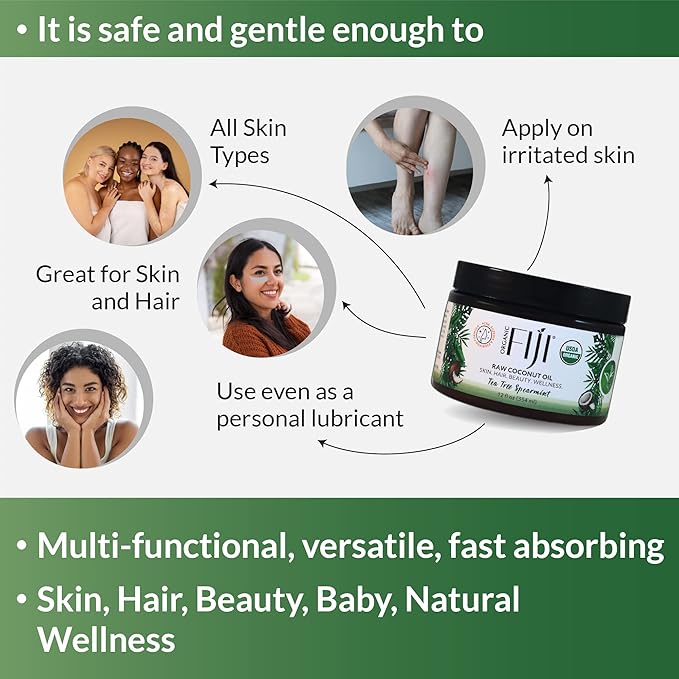 Organic Fiji Raw Cold Pressed Coconut Oil for Hair, Skin, Face & Body | Relaxing Massage Oil | Tea Tree Spearmint,12 oz for Women Men & Baby - Bloomnest