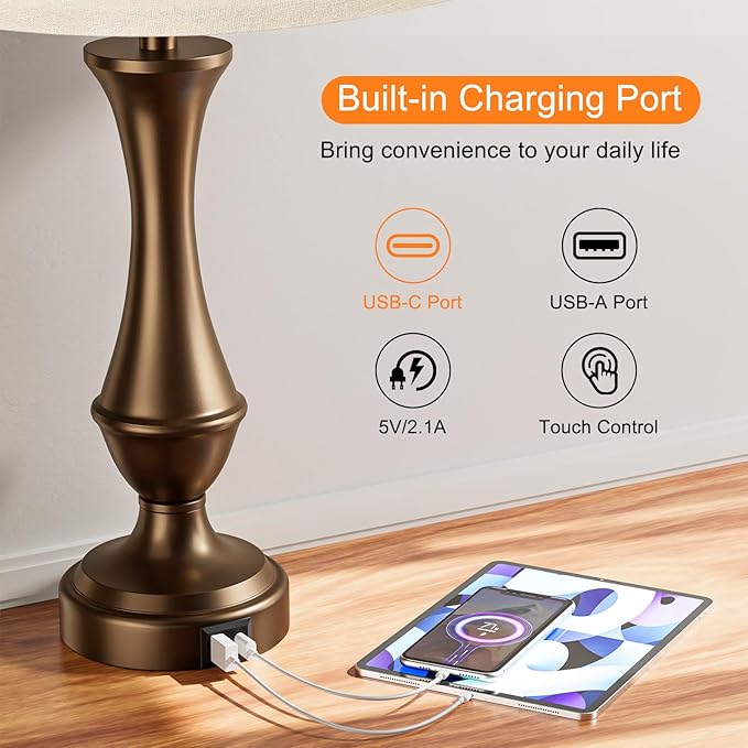 Seealle Upgraded Touch Lamps for Night Stands Set of 2 - Bedside Lamps with USB C+A, 3 Way Dimmable for Bedroom Living Room End Tables Office(Brown) - Bloomnest