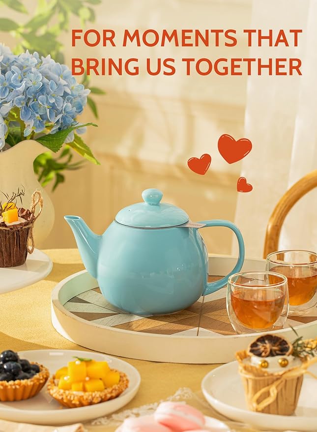 Sweese Teapot, Porcelain Tea Pot with Stainless Steel Infuser, Blooming & Loose Leaf Teapot - 27ounce, Turquoise - Bloomnest