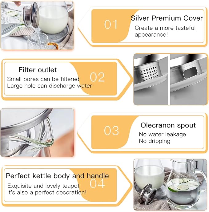 84.5oz Borosilicate Glass Teapot with 304 Stainless Steel Lid & Built-in Strainer, Stovetop & Microwave Safe Tea Kettle for Loose Leaf/Iced/Fruit/Herbal Tea, 2500ml Clear Pot - Bloomnest