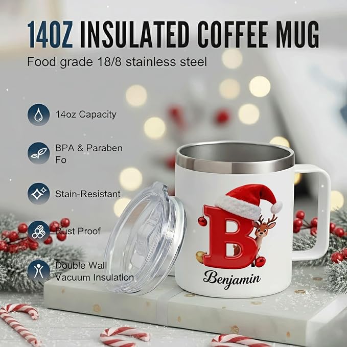 Personalized Christmas Mug | Custom Reindeer Initial Insulated Coffee Cup with Handle & Lid | 12oz Holiday Tumbler, Cute Stocking Stuffer Gift for Kids & Family (B19) - Bloomnest