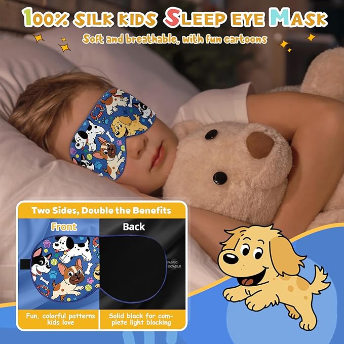 Silk Kids Sleep Mask: 100% Mulberry Silk Eye Mask, Sleeping Masks with Adjustable Strap, Soft & Light-Blocking Printed Kid Eye Cover for Boys Girls Teens Aged 5-15 (Puppy Theme) - Bloomnest