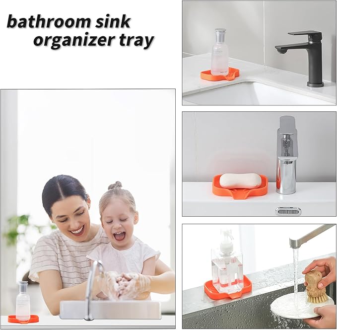 Silicone Bathroom Soap Dishes with Drain Spout-Bathroom and Kitchen Sink Organizer,Sponge Holder,Dish Soap Tray,Perfect for Dispenser,Scrubber,Bottle,Cup on Sink or Counter-Orange 4.9"×3.2" - Bloomnest