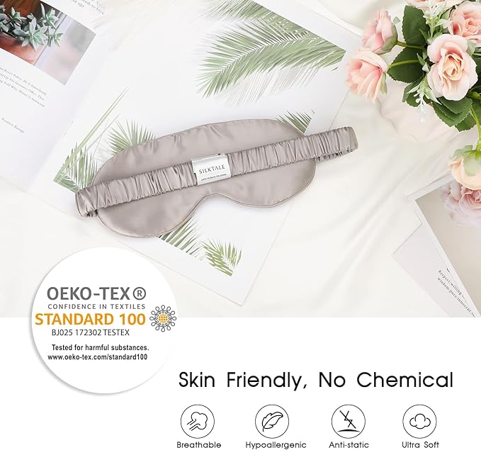 Silk Sleeping Mask for Travel/Plane/Side Sleeper Pure Mulberry Silk Eye Mask for Sleep/Men/Women/Adults Thin Cooling Eye Cover,Grey - Bloomnest