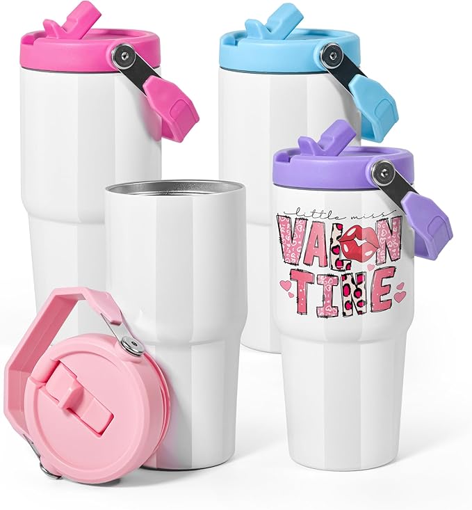 AGH 4 Pack 20 oz Sublimation White Tumblers with Handle & Straw, Double Wall Stainless Steel Vacuum Insulated Cups with Colored Filp Lid, Leak-Proof Travel Mug for Hot/Cold Drinks - Bloomnest