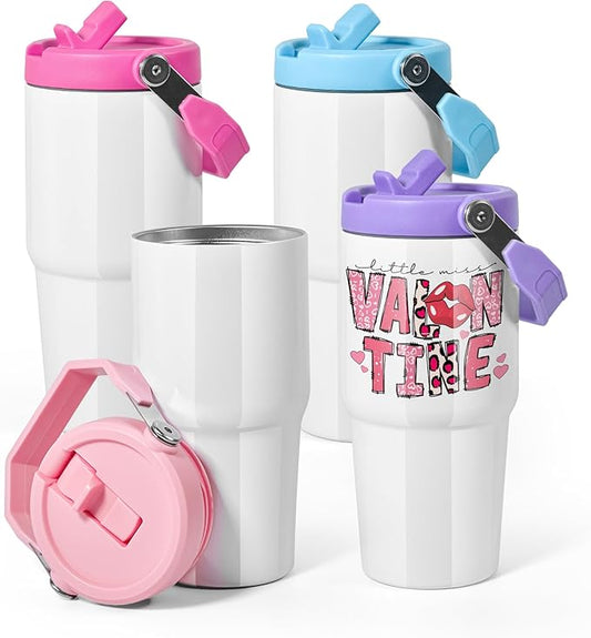 AGH 4 Pack 20 oz Sublimation White Tumblers with Handle & Straw, Double Wall Stainless Steel Vacuum Insulated Cups with Colored Filp Lid, Leak-Proof Travel Mug for Hot/Cold Drinks - Bloomnest