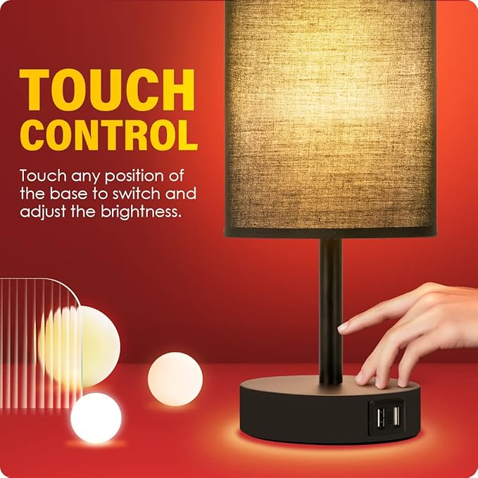 Yarra-Decor Bedside Lamps with USB Port - Touch Control Table Lamp for Bedroom 3 Way Dimmable Nightstand Lamp Set of 2 with Round Black Fabric Shade for Living Room, Dorm, Home Office (Black, 2 Pack) - Bloomnest