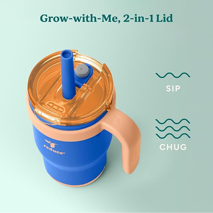 REDUCE 14 Oz Coldee Kids Tumbler with Lid and Straw - Coldee Insulated Travel Mug - Spill-Proof, Sweatproof Stainless Steel, BPA-Free - Includes Handle, Reusable Silicone Straw - Touchdown Blue - Bloomnest