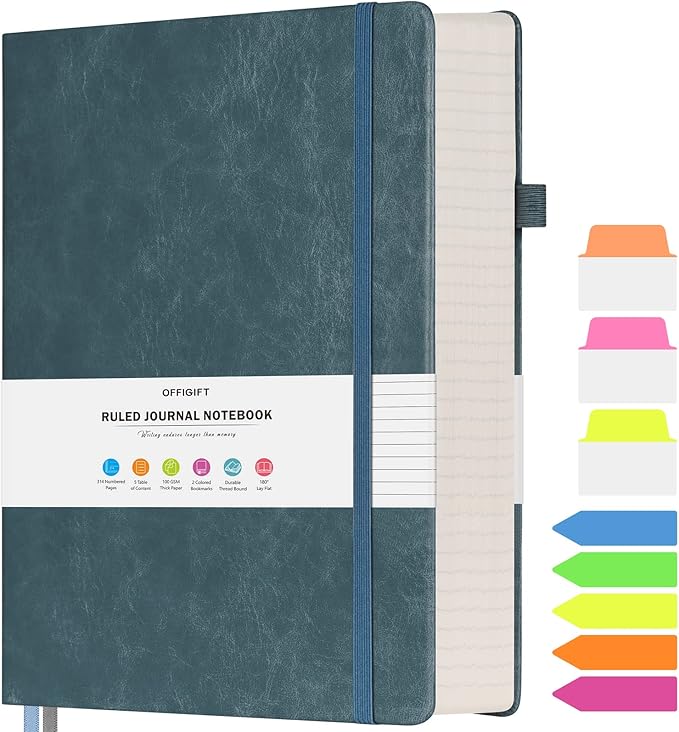 College Ruled Notebook, Large B5 Lined Journal Notebook, 314 Numbered Pages Work Notebook with Index Stickers, 100gsm Paper, Hardcover Vegan Leather Journal for Women Men School Office, Grey Blue - Bloomnest