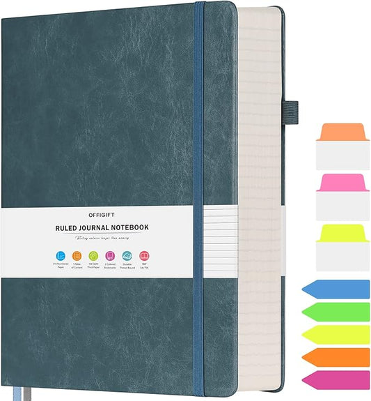 College Ruled Notebook, Large B5 Lined Journal Notebook, 314 Numbered Pages Work Notebook with Index Stickers, 100gsm Paper, Hardcover Vegan Leather Journal for Women Men School Office, Grey Blue - Bloomnest