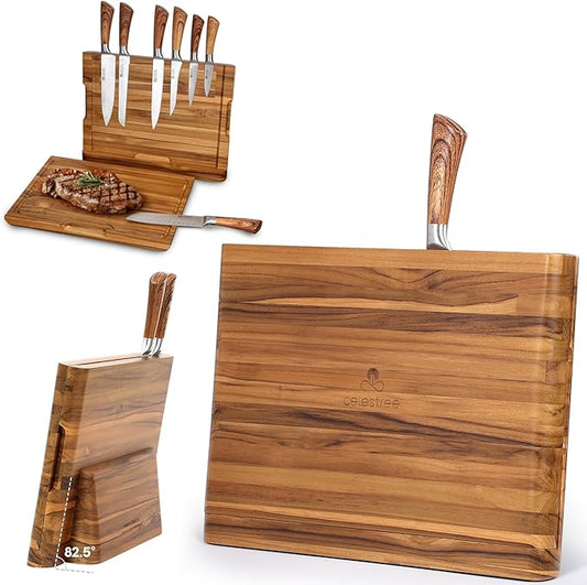 2 - in - 1 Magnetic Knife Block Holder with 16"x11" Teak Cutting Board, Crafted from Premium Natural Teak Wood,Juice Grooves, Kitchen Organizer for Home Chefs - Bloomnest