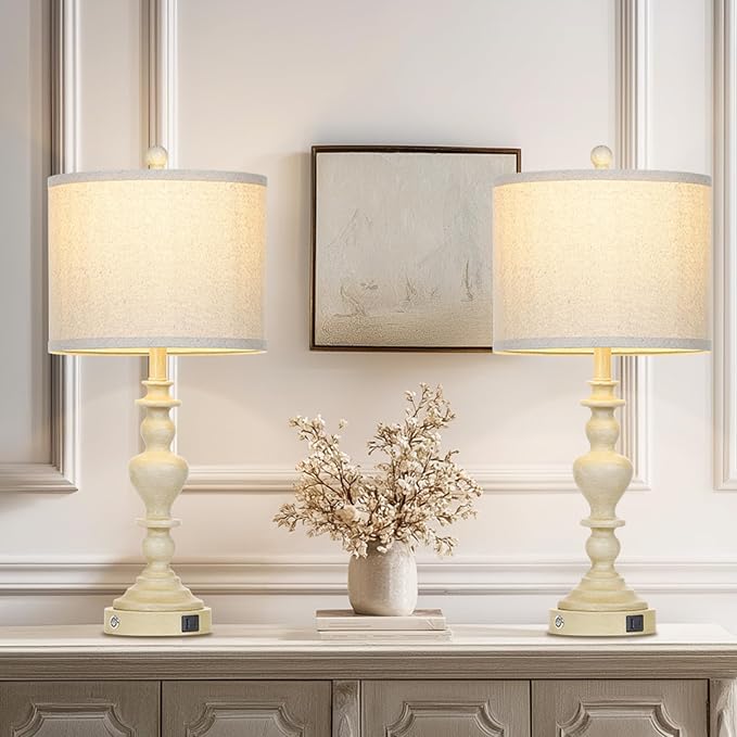 27" Farmhouse Table Lamps Set of 2, Vintage Bedside Lamps with USB A+C Charging Ports, 3-Way Dimmable Touch Control Traditional Nightstand Lamp for Living Room Beige (Bulbs Included) - Bloomnest