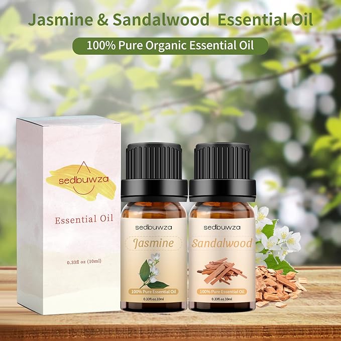 Sedbuwza Sandalwood Jasmine Essential Oil Set, Sandalwood Fragrance Oil Jasmine Scent Oil Set for Diffuser, Aromatherapy, Massage, Soap, Candle Making 2 x 10 ml Sedbuwza