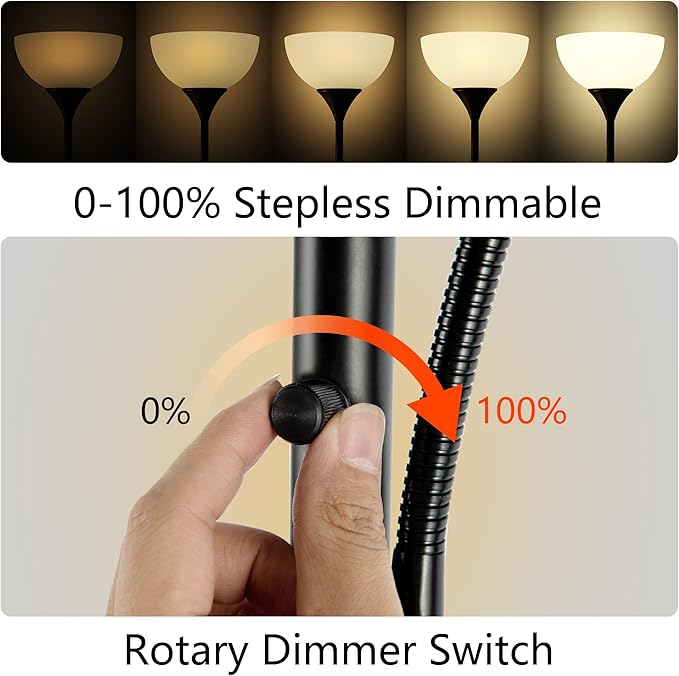 Floor Lamp, Dimmable Standing lamp, Stepless Dimming Brightness, Included 9W and 5W LED Bulbs, Industrial Floor Lamp for Living Room, Bedroom, Office, Reading - Bloomnest