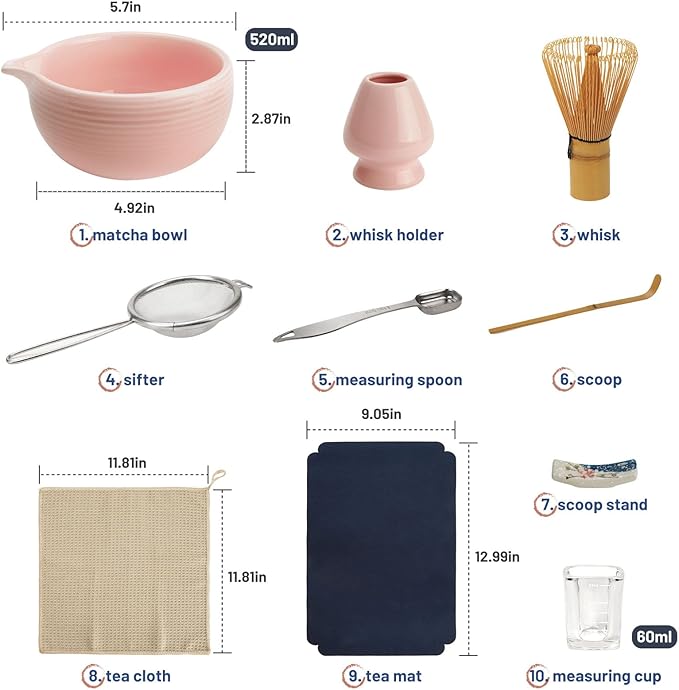 Matcha Whisk Set, Matcha Kit 10-Pcs, Bamboo Whisk and Bowl with Spout & Measuring Spoon & Cup, Japanese Matcha Tea Making Tools, Light Pink - Bloomnest