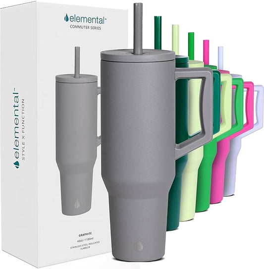 Elemental 40 oz Tumbler with Handle and Straw - Spill Proof Insulated Stainless Steel Commuter for Hot and Cold Beverages - Travel Coffee Mug with 2 Straws & Spill Proof Lid - 40oz - Graphite - Bloomnest