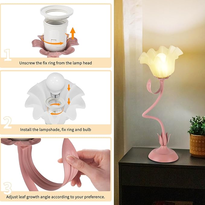 Cute Flower Desk Lamp, 3 Color Temperature Table Lamps with LED Bulb, Vintage Bedside Lamp, Reading Lamps with Soft Light for Bedroom, Living Room（Pink） - Bloomnest