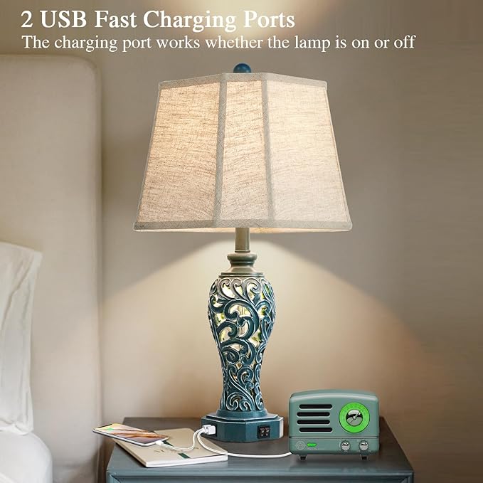 25'' Farmhouse Table Lamps Set of 2 for Living Room Bedroom, 2 USB Ports Coastal Vintage Table Lamp with Nightlight, Blue Green Hollow Out Resin Lamp for End Table (Bulbs Included) - Bloomnest
