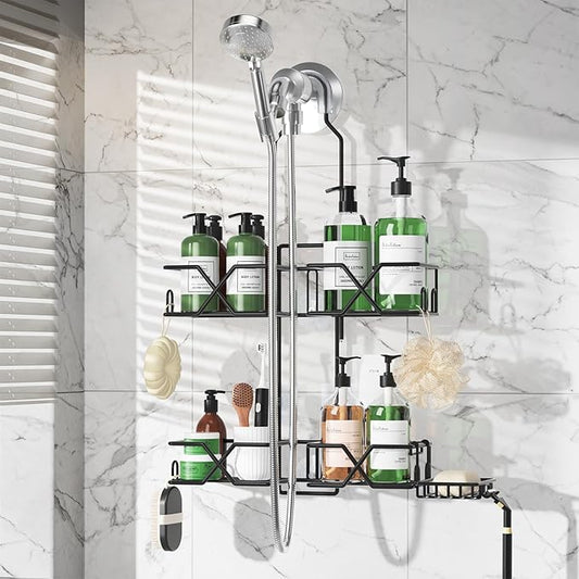 Stainless Steel Hanging Shower Caddy for Handheld Shower Heads,Adjustable Height Extra Long Bathroom Shower Organizer Hanger Rack with Hooks,Soap Holder - Bloomnest