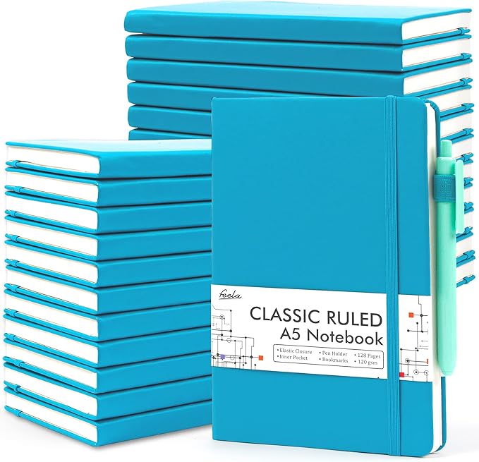 feela 24 Pack Journal Notebook Bulk for Work, Business Notebook Hardcover Lined Writing Journal with Pen Holder for Men Women Note Taking, with 24 Black Pens, 120 GSM, 5.1”x8.3”, A5, Teal - Bloomnest