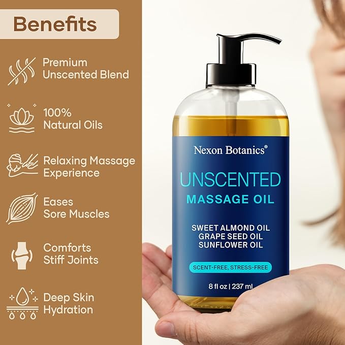 Unscented Massage Oil for Massage Therapy 8 fl oz - Refreshing and Relaxing - Natural Oils with Sweet Almond, Grape Seed and Sunflower Oil - for Men and Women - Nexon Botanics - Bloomnest
