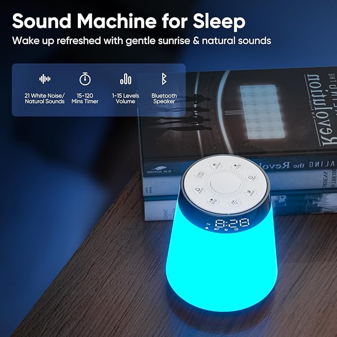 Sunrise Alarm Clock with Wake Up Light & White Noise Machine - 21 Soothing Sounds, 12 Color Dimmable Night Lights, Bluetooth Speaker, Digital Clock for Heavy Sleepers Adults/Kids