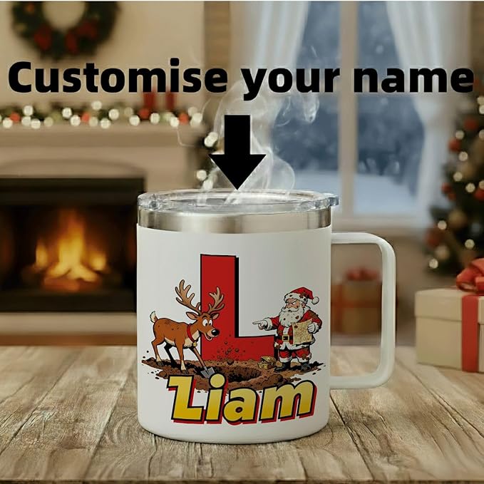 JugJug Personalized Christmas Mug with Initial & Name - Funny Treasure Hunt Santa 12oz Insulated Coffee Cup with Lid - Xmas Gifts for Boys, Kids (B155) - Bloomnest
