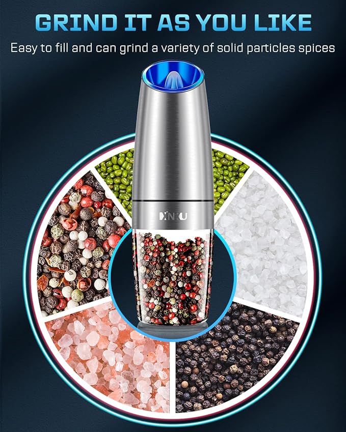 XinXu Gravity Electric Pepper and Salt Grinder Set, Adjustable Coarseness, with LED Light, One Hand Automatic Operation (Set/Silver X) - Bloomnest